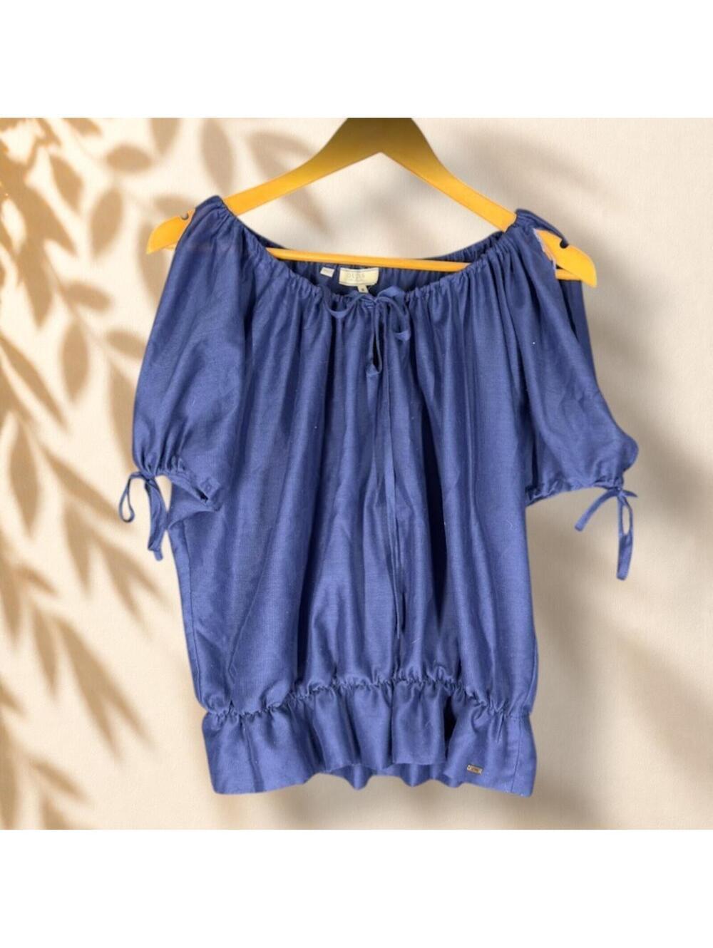 Guess Blouse Women M Medium Blue Cold Shoulder Short Sleeve Tasseled Casual